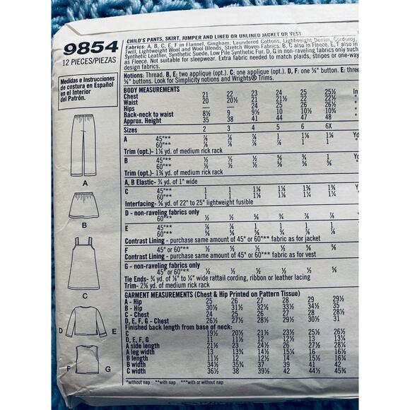 Simplicity 9854 pattern girls jumper top skirt pant size 2 3 4 5 6 6x - Picture 4 of 5